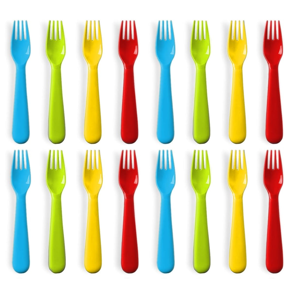 Plaskidy plastic toddler forks set16 in bright colors for kid-friendly meals.