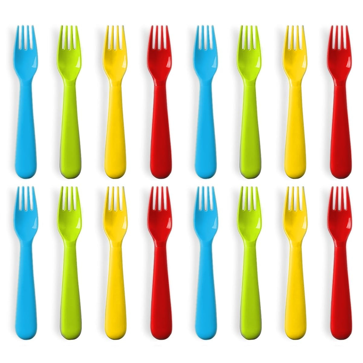 Plaskidy plastic toddler forks set16 in bright colors for kid-friendly meals.