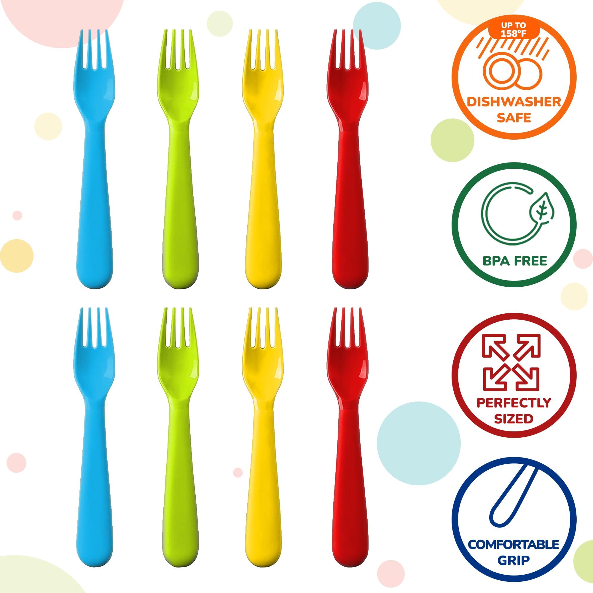 Plaskidy toddler forks color variety shown for easy grip during lunches.