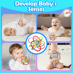 Playkidiz rattle-sensory-teether colorful tubes encourages clutching and fine motor exploration.