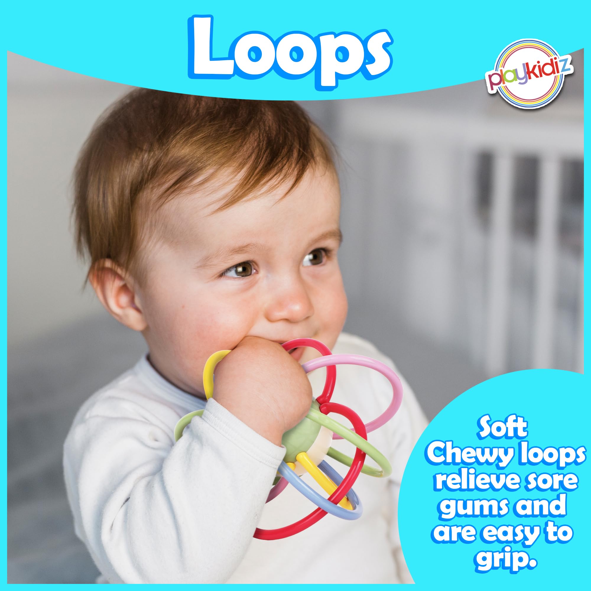 Playkidiz rattle-sensory-teether wipe-clean surface enables quick hygiene.