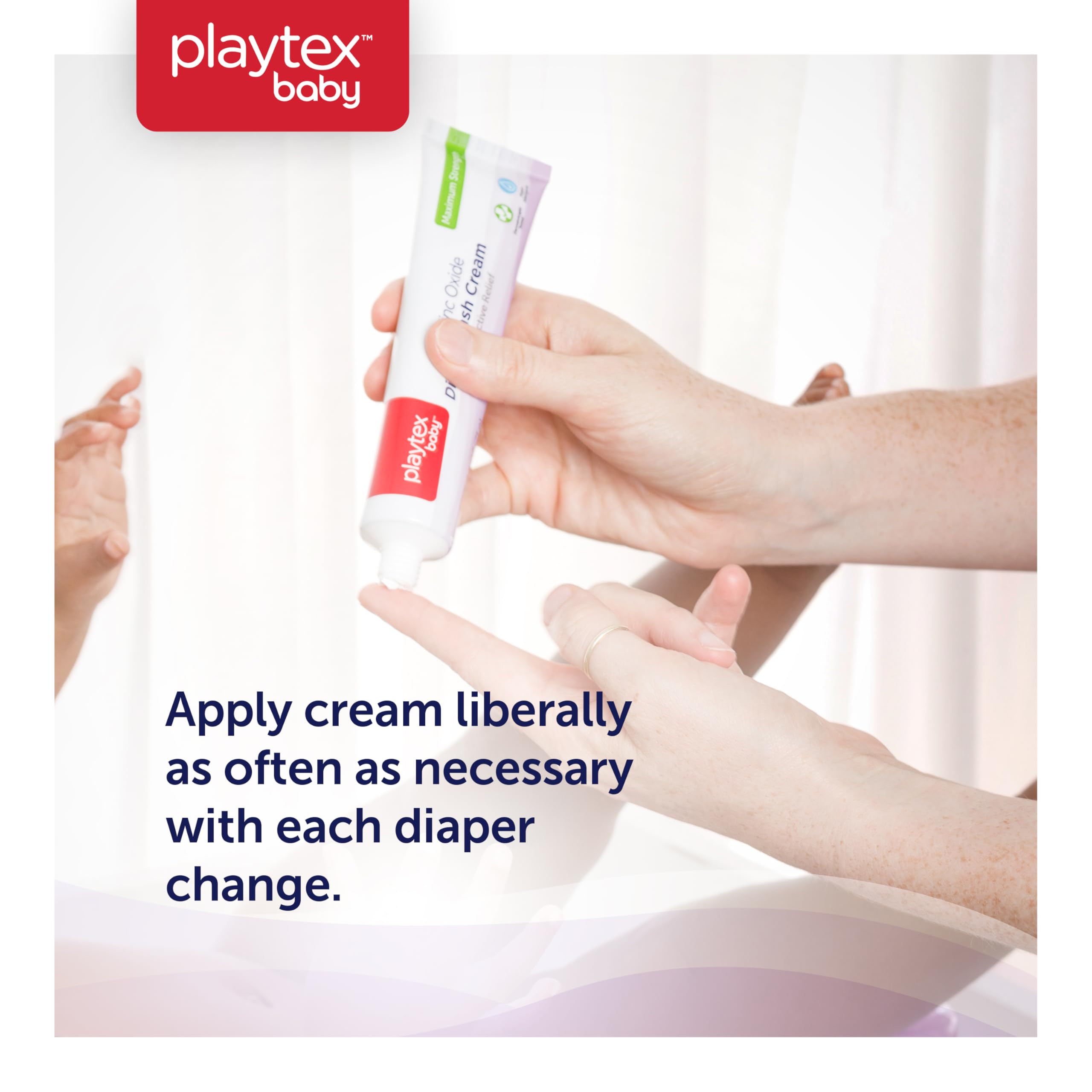 Playtex Baby diaper rash cream being applied to baby's skin demonstrating easy use.