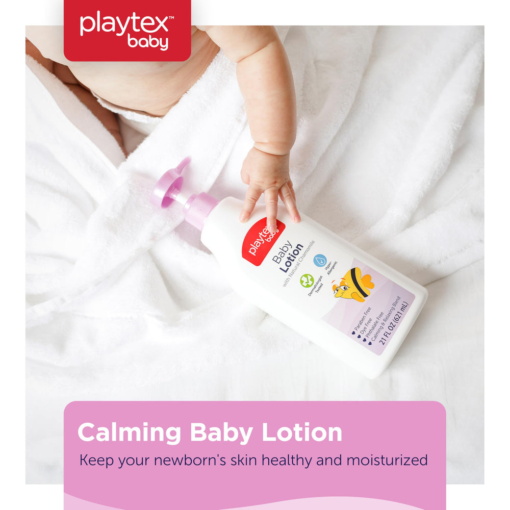 Playtex Baby Lotion Lavender Chamomile closeup texture shows non-greasy hydration.