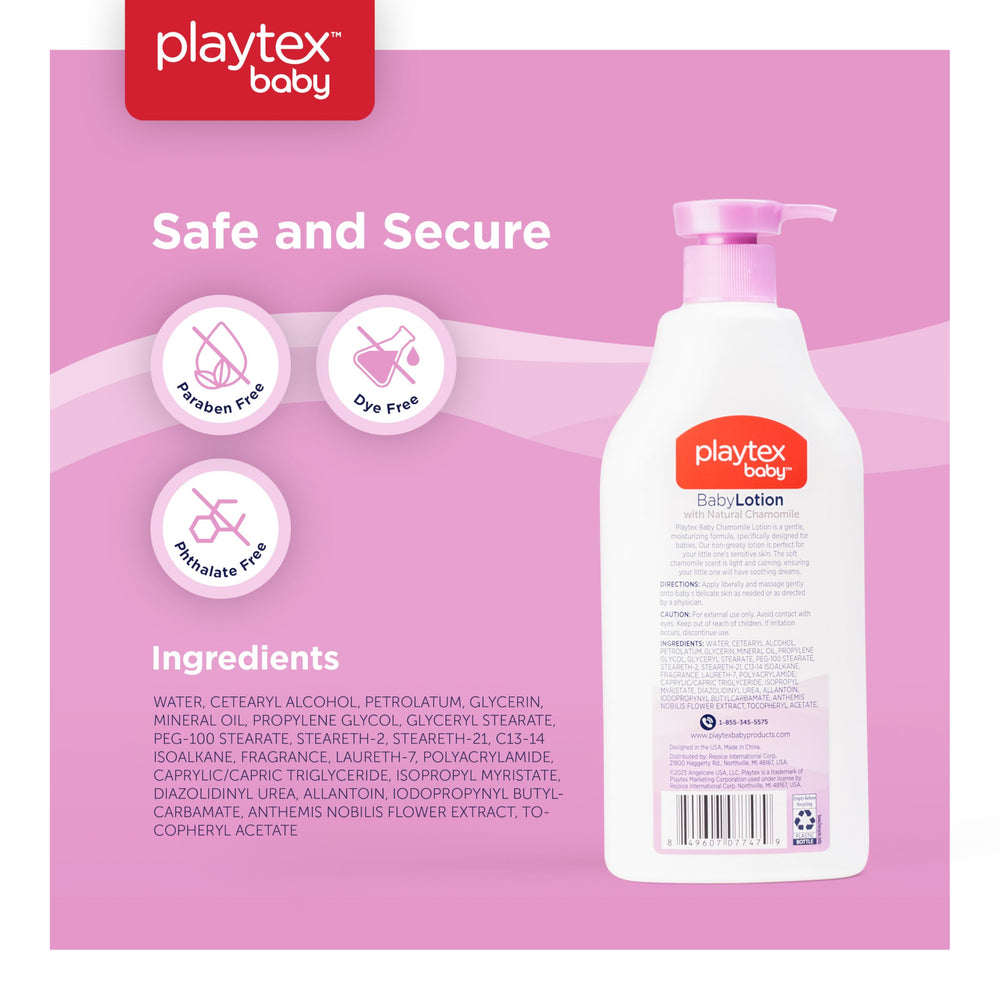 Playtex Baby Lotion Lavender Chamomile scent hints gentle calming aroma.