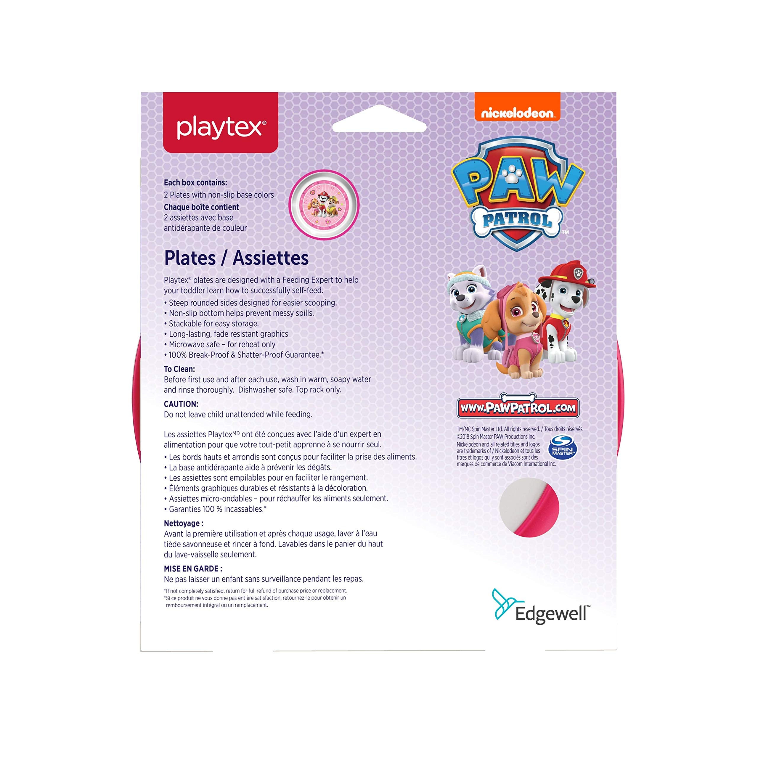 Playtex Baby Paw Patrol plates for girls 2-pack close-up shows durable graphics for lasting fun.