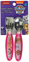 Playtex Baby Mealtime Paw Patrol fork closeup, ergonomic handle aids little grips.