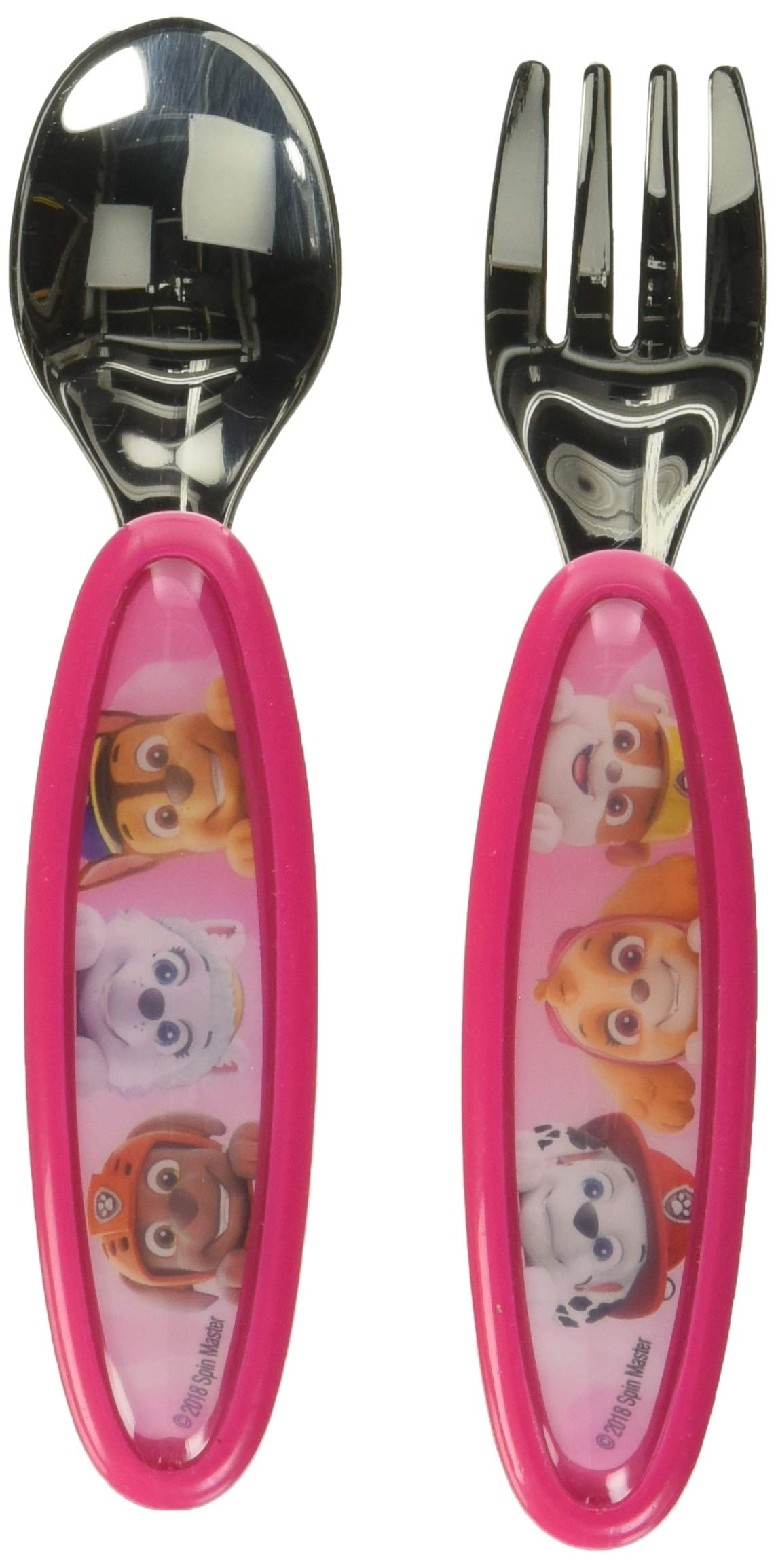 Playtex Baby Mealtime Paw Patrol spoon closeup, designed for easy toddler self-feeding.