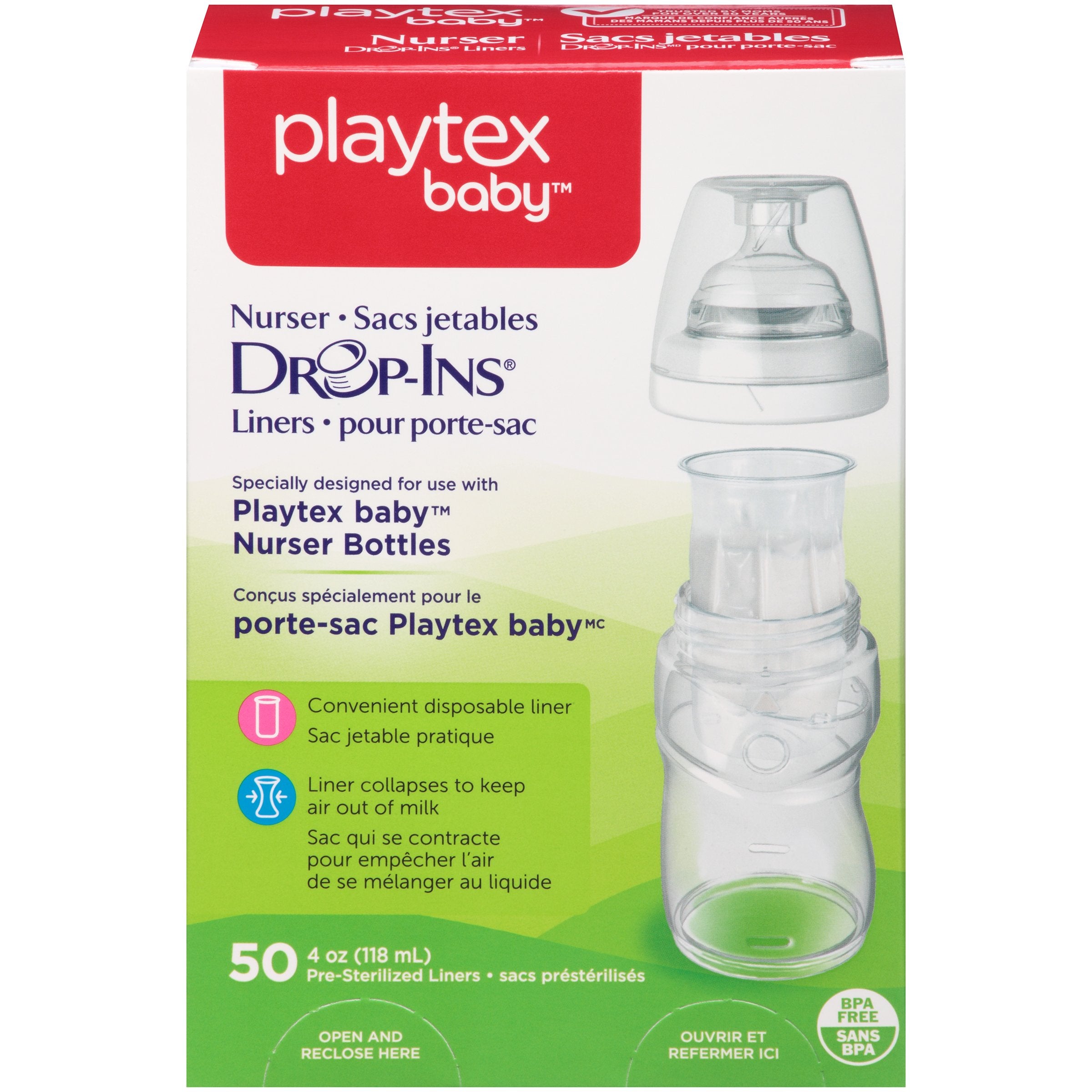Playtex Baby Nurser bottle with drop-ins liner packaging for quick feeding prep