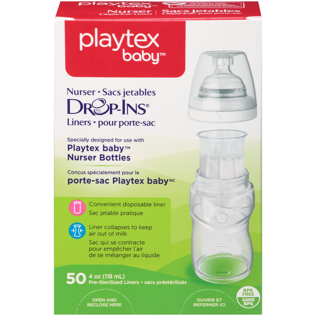 Playtex Baby Nurser bottle with drop-ins liner packaging for quick feeding prep