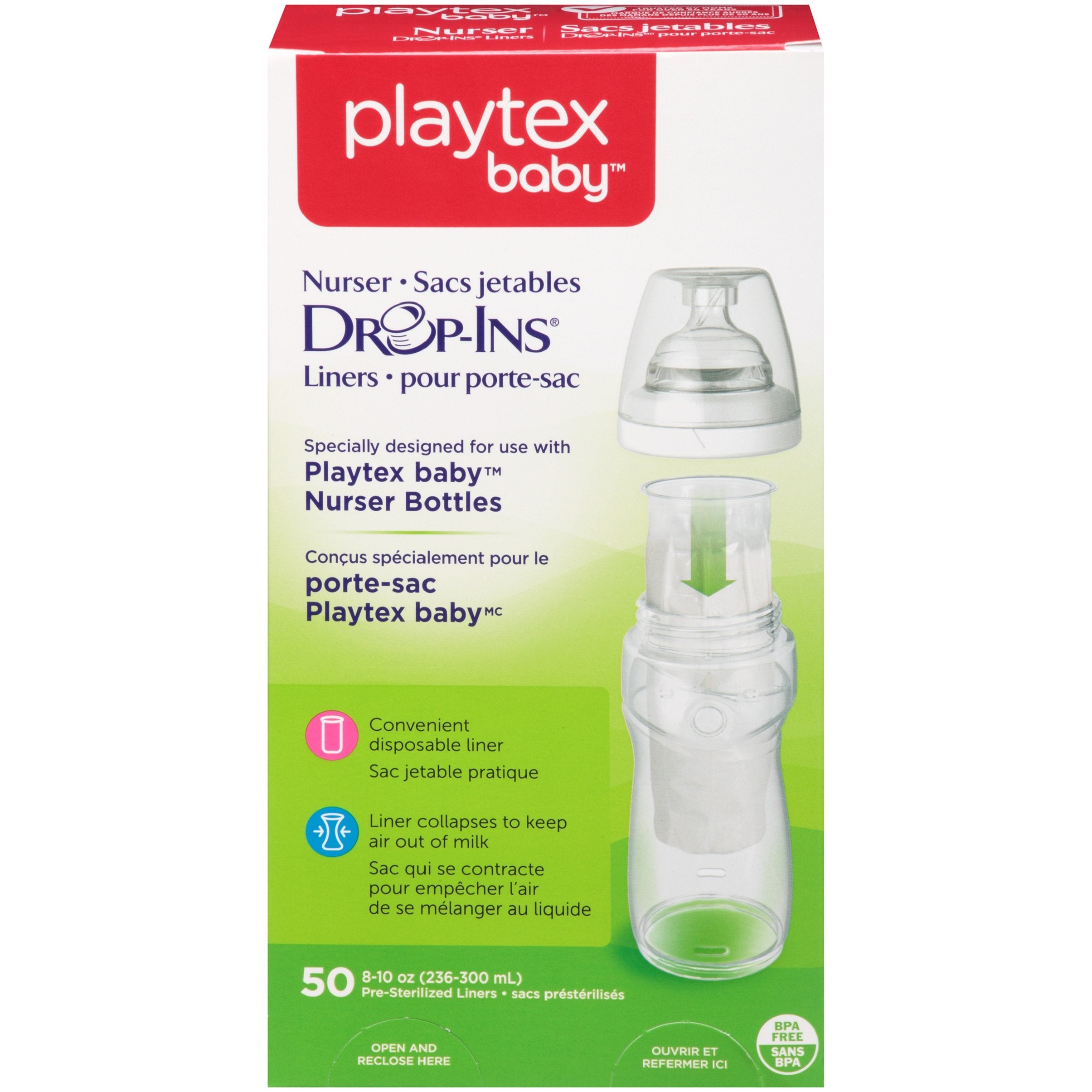 Playtex Baby Nurser Drop-Ins liner pack close-up for clean bottle prep.