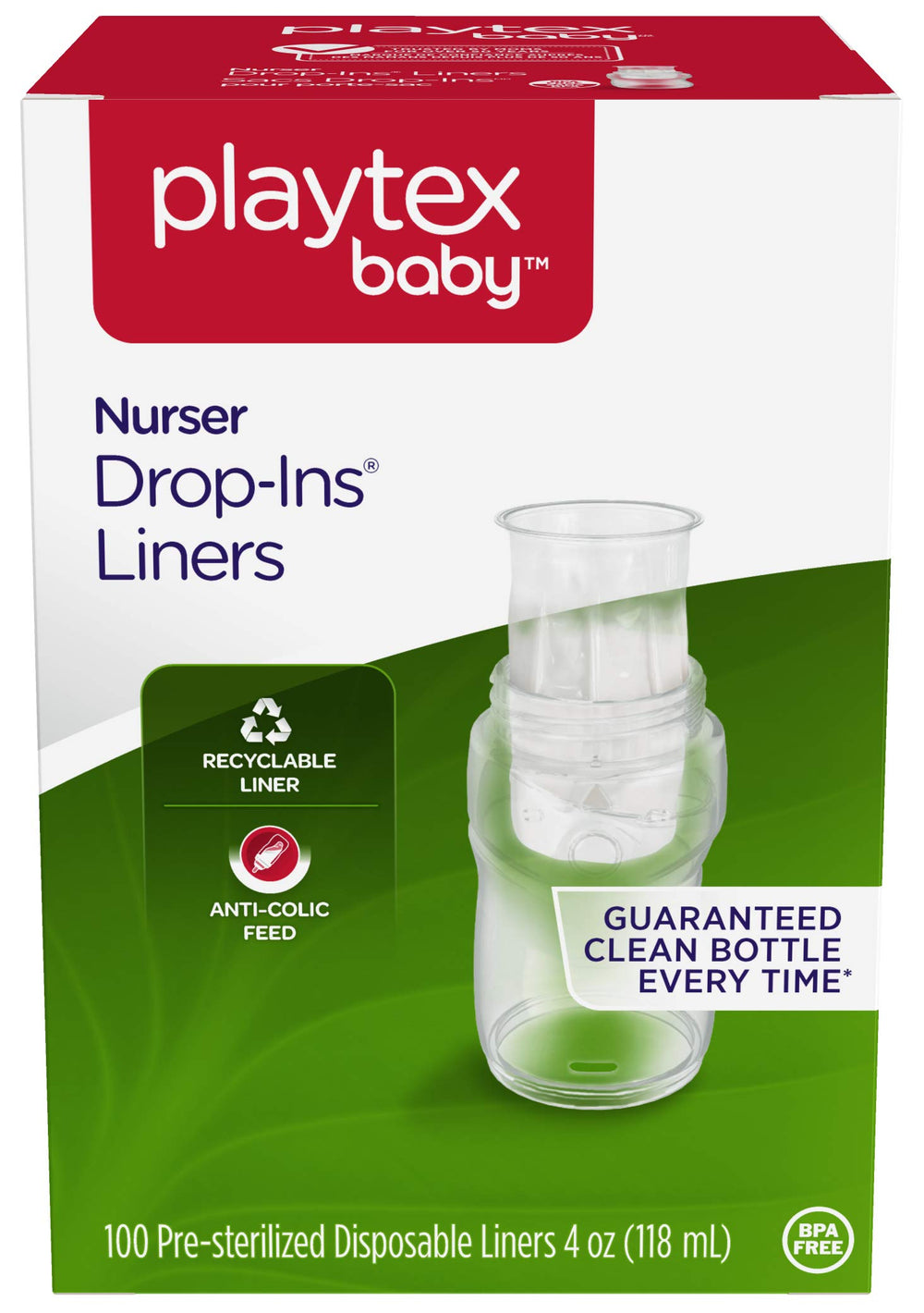 Playtex Baby Nurser packaging shows an easy-to-use liner system for clean bottle prep
