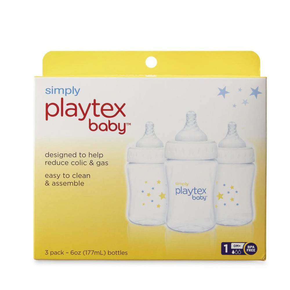 Playtex Baby Simply Baby ergonomic bottle offers a comfortable grip for parent and baby.
