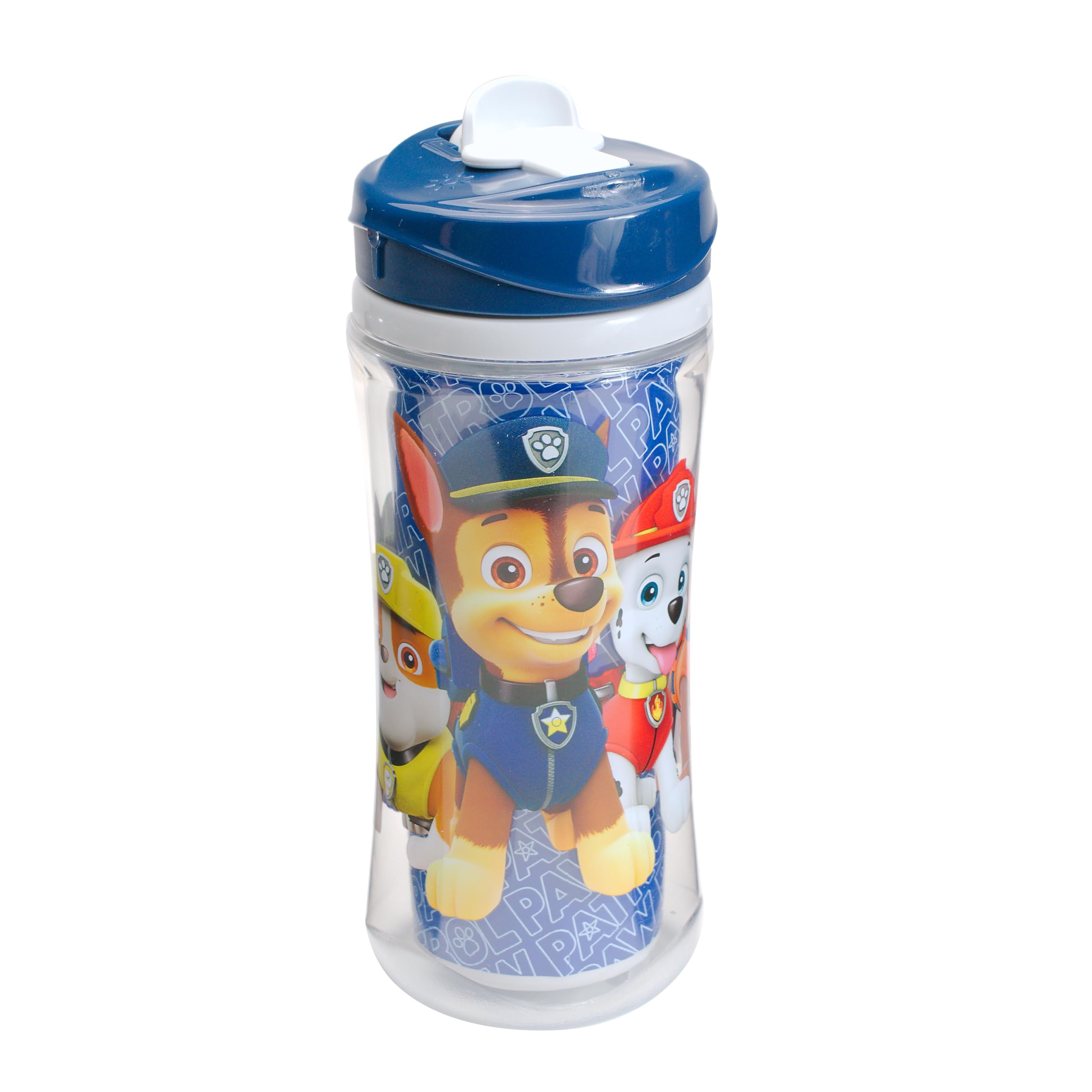 Playtex Baby Sipsters Sport Spout PAW Patrol image highlights spill-proof valve reduces mess during active play.