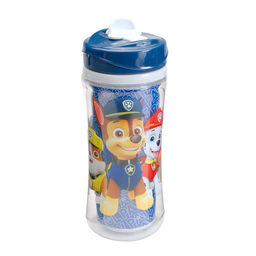 Playtex Baby Sipsters Sport Spout PAW Patrol image highlights spill-proof valve reduces mess during active play.