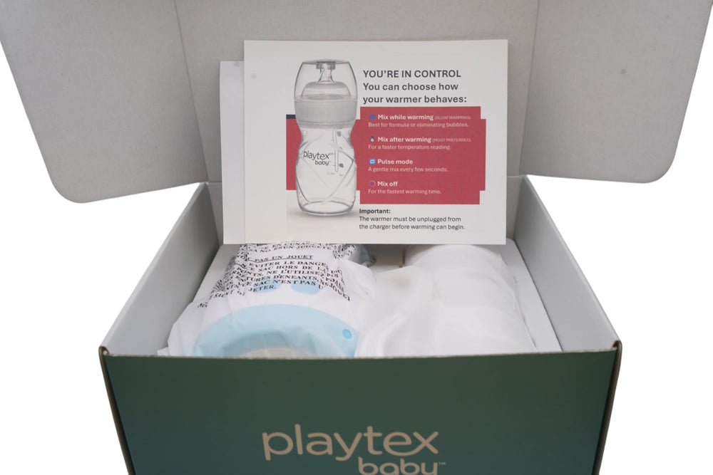 Playtex Baby Vortex Bottle Warmer rechargeable-battery powers up to 14 warming cycles.
