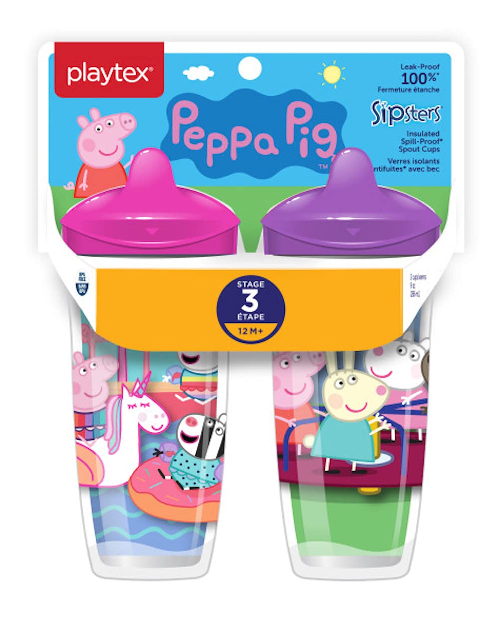 Playtex Sipsters Stage 3 Peppa Pig cup spout close-up shows spill-proof design for toddlers.