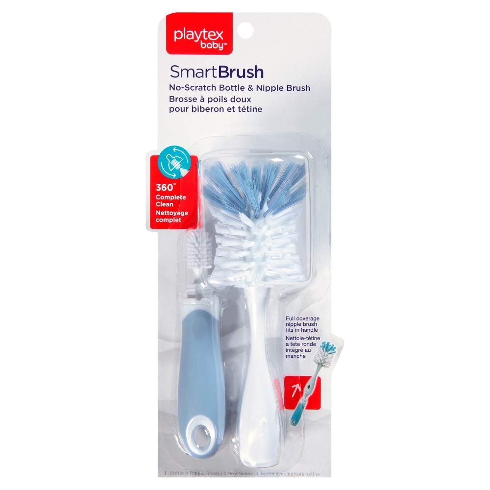 Playtex SmartSpace bottle brush bristles close-up, gentle on bottles for safe cleaning.