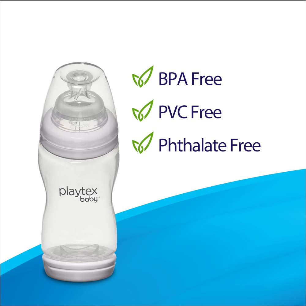 Playtex VentAire bottle displays 6-ounce capacity and nipple compatibility.