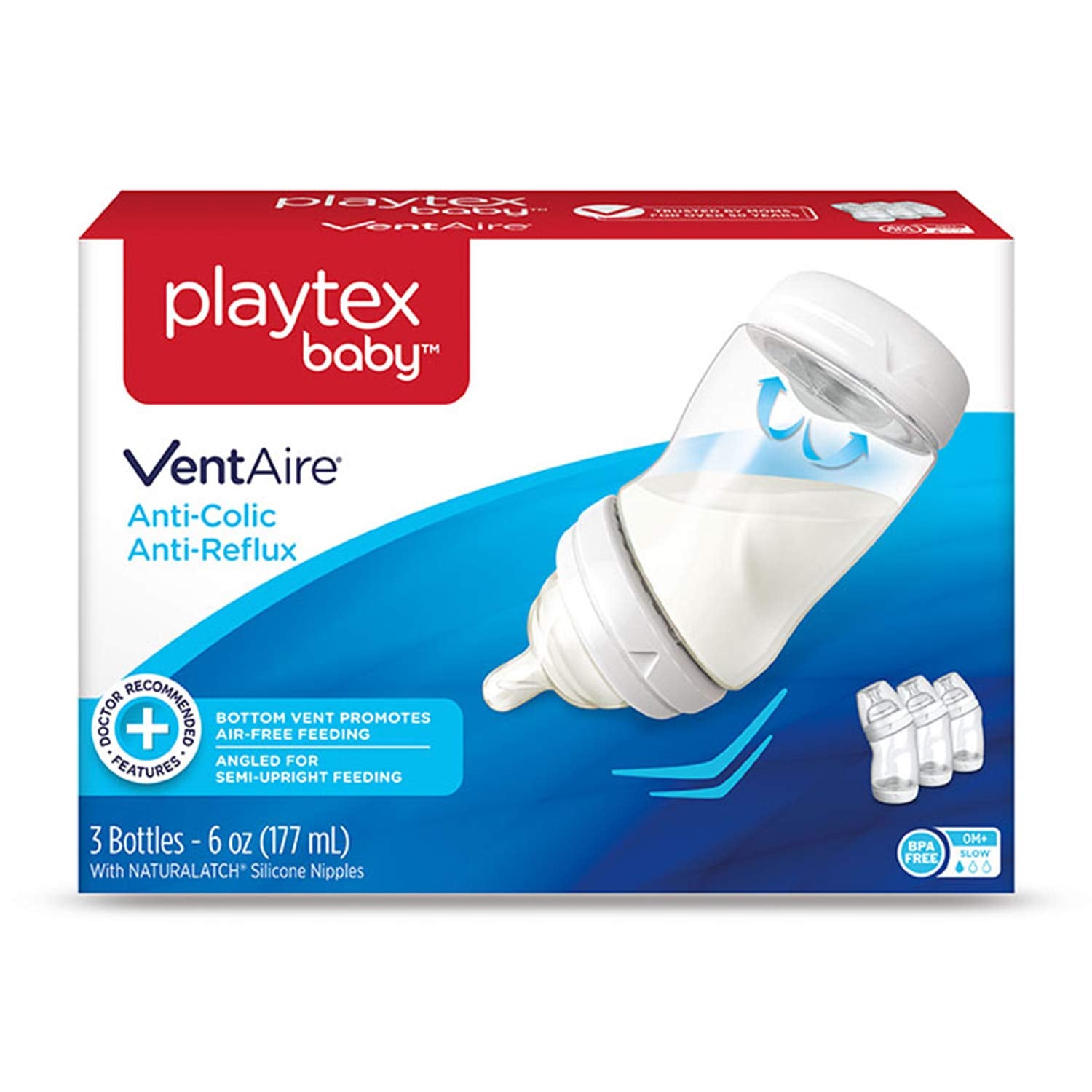 Playtex VentAire bottle highlights anti-colic bottom vent for air-free feeding.