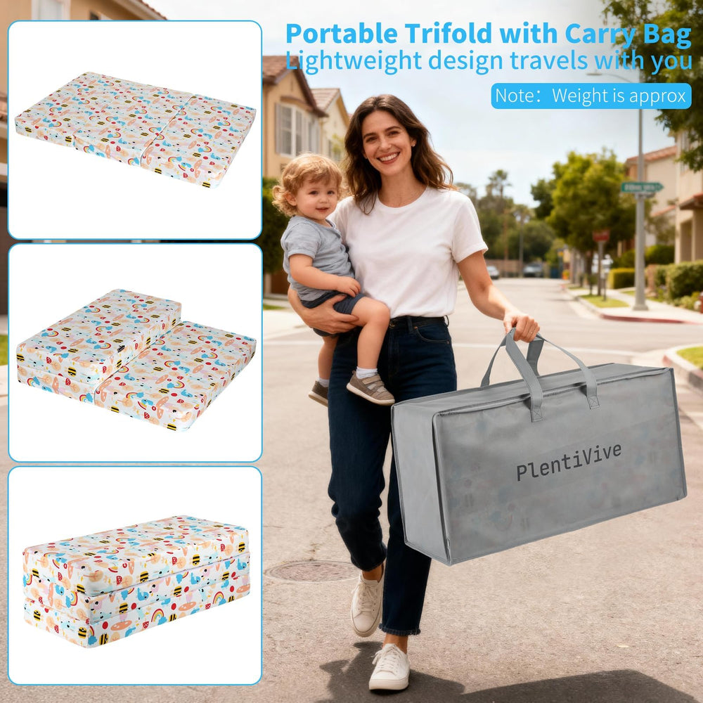 PlentiVive Trifold Mattress tri-fold design with carry bag for travel