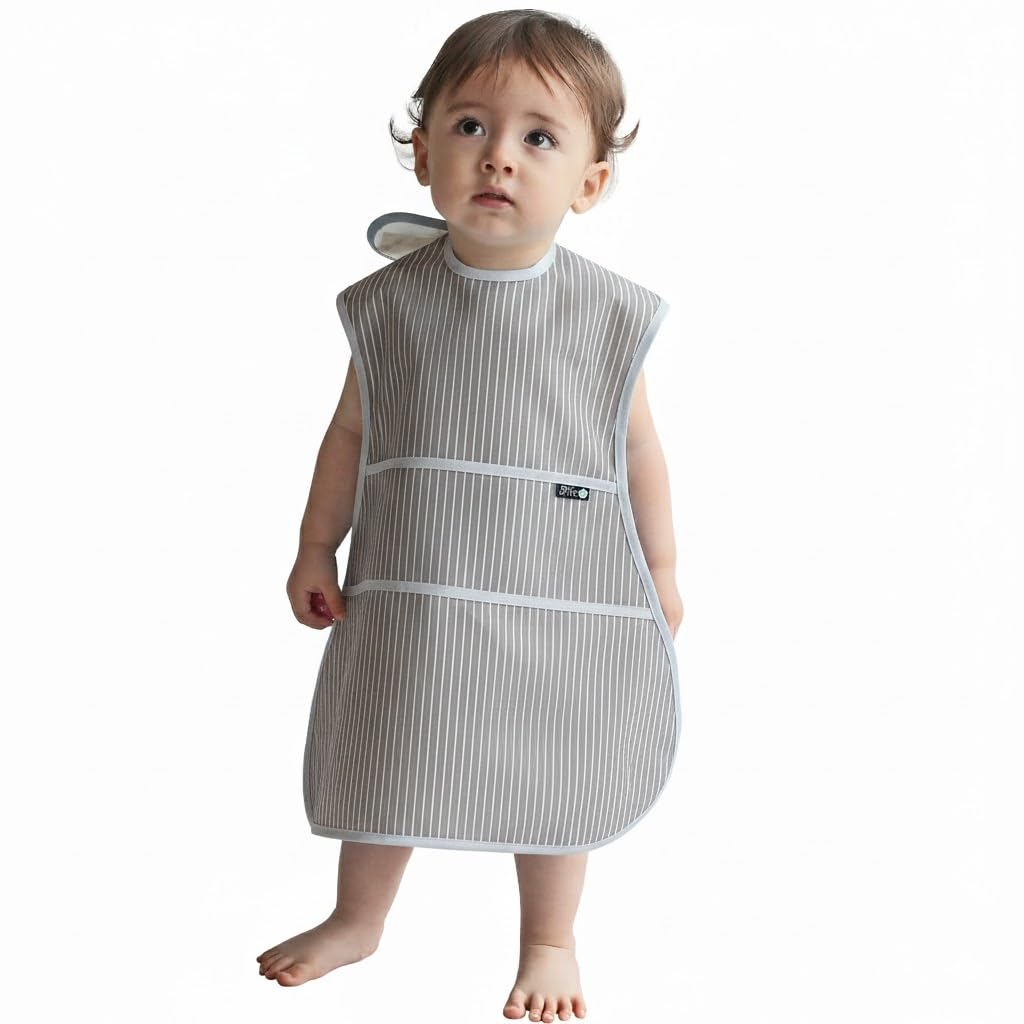 Plie full-coverage bib gray stripe front view protects against spills during meals