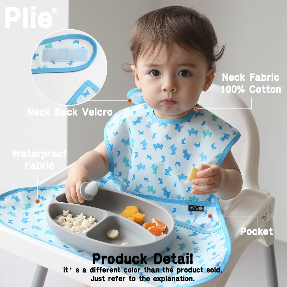 Plie full-coverage bib gray stripe on high chair demonstrates stable mess containment