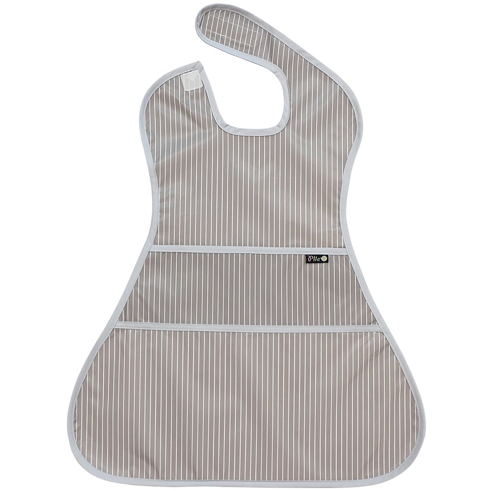 Plie bib gray stripe side view showing extra-long coverage around torso for mess control