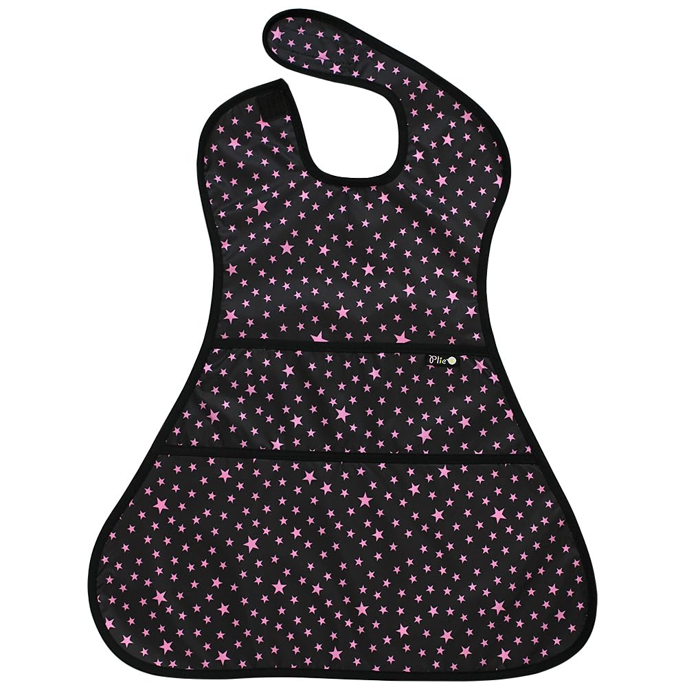 Plie full coverage bib side clip demonstrates easy Velcro neck closure for quick on/off