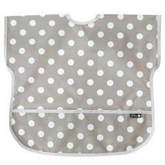 Plie waterproof bib gray dot close-up shows easy-to-clean fabric for quick wipe-down