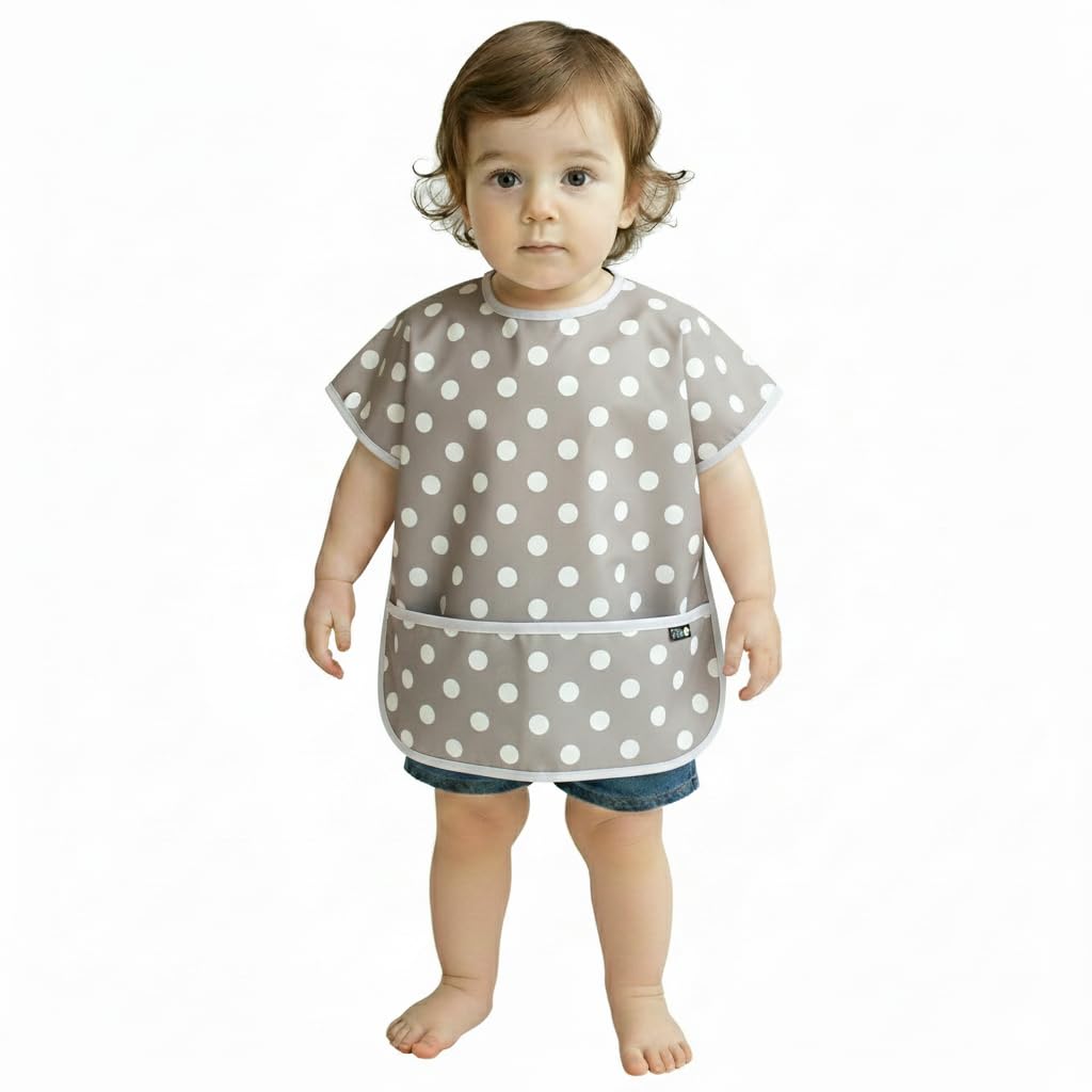Plie short-sleeve waterproof bib gray dot provides wide mealtime coverage to catch spills