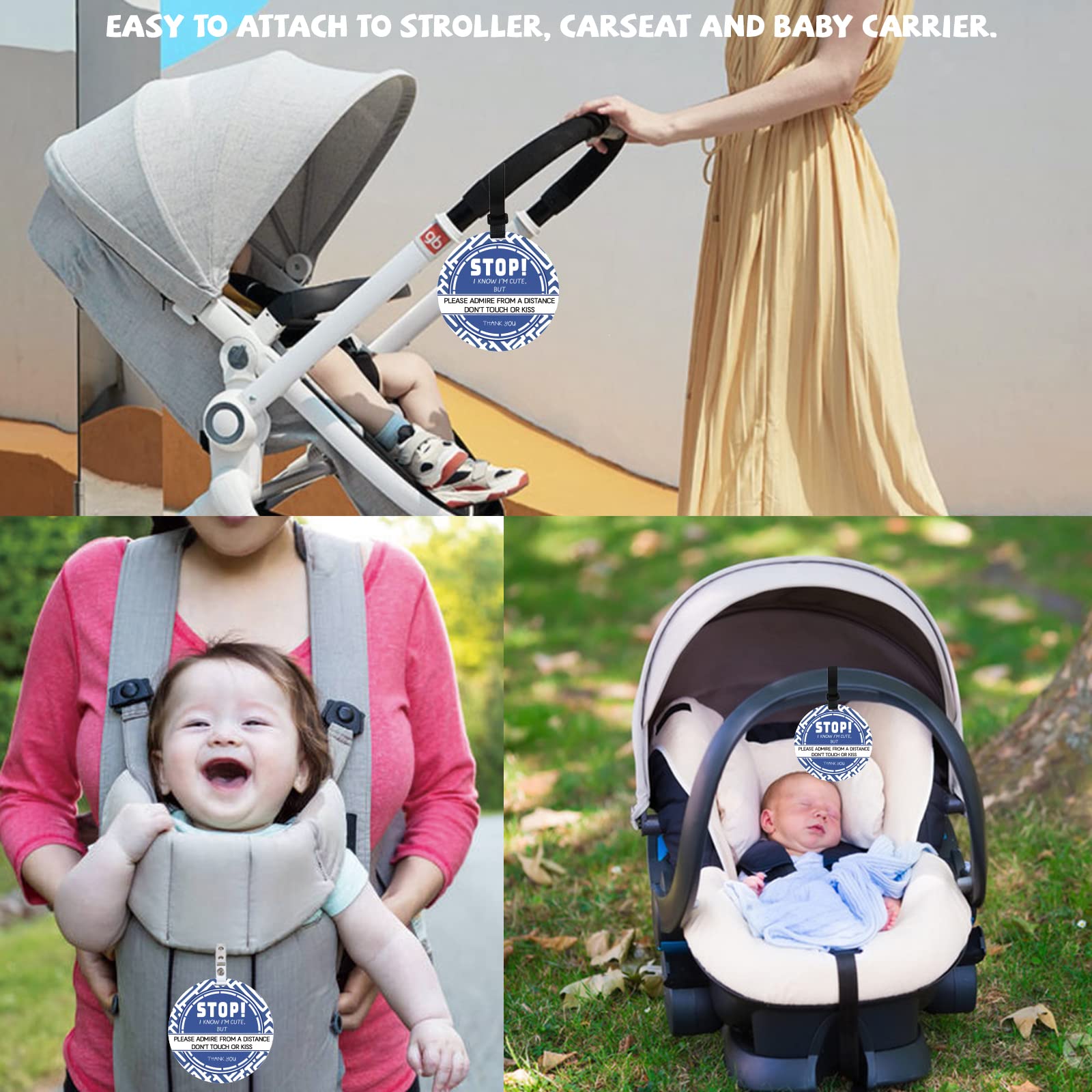 PLIGREAT No Touching Baby Sign with hanging straps and clip keeps the tag securely visible.