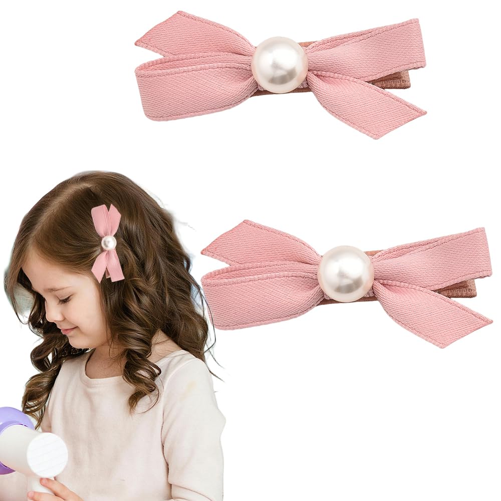 Pliwcas pink hair bow clip pair with pearls adds subtle charm daily.