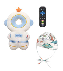 PLOVZ baby head protector backpack white astronaut front view for safe crawling.