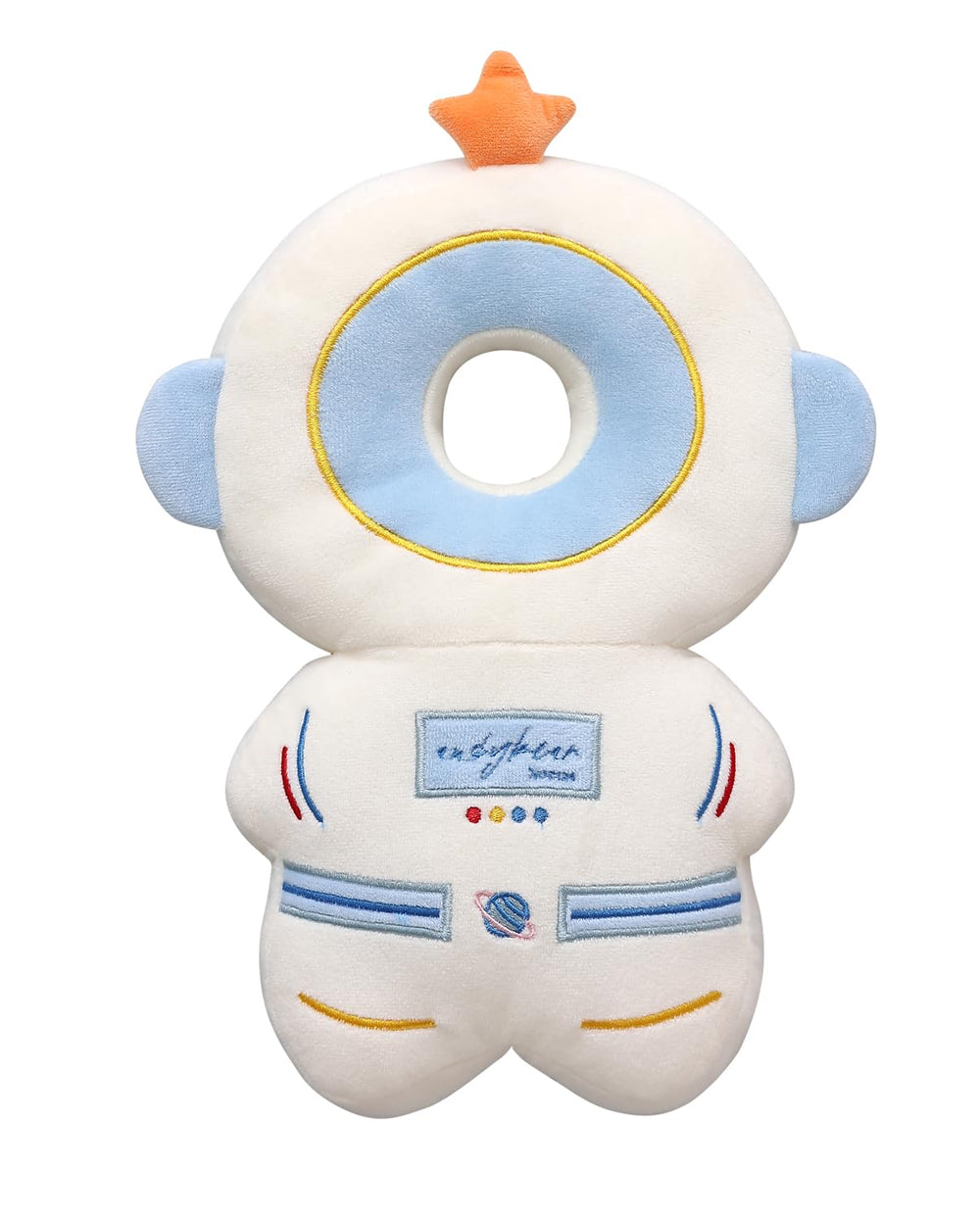 PLOVZ baby head protector backpack white astronaut worn on baby during walking.