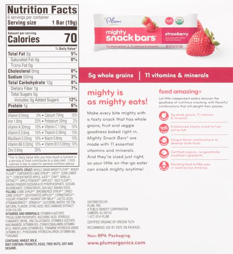 Plum Organics Tots Mighty 4 Bars strawberry bars close-up for kid-friendly nutrition.