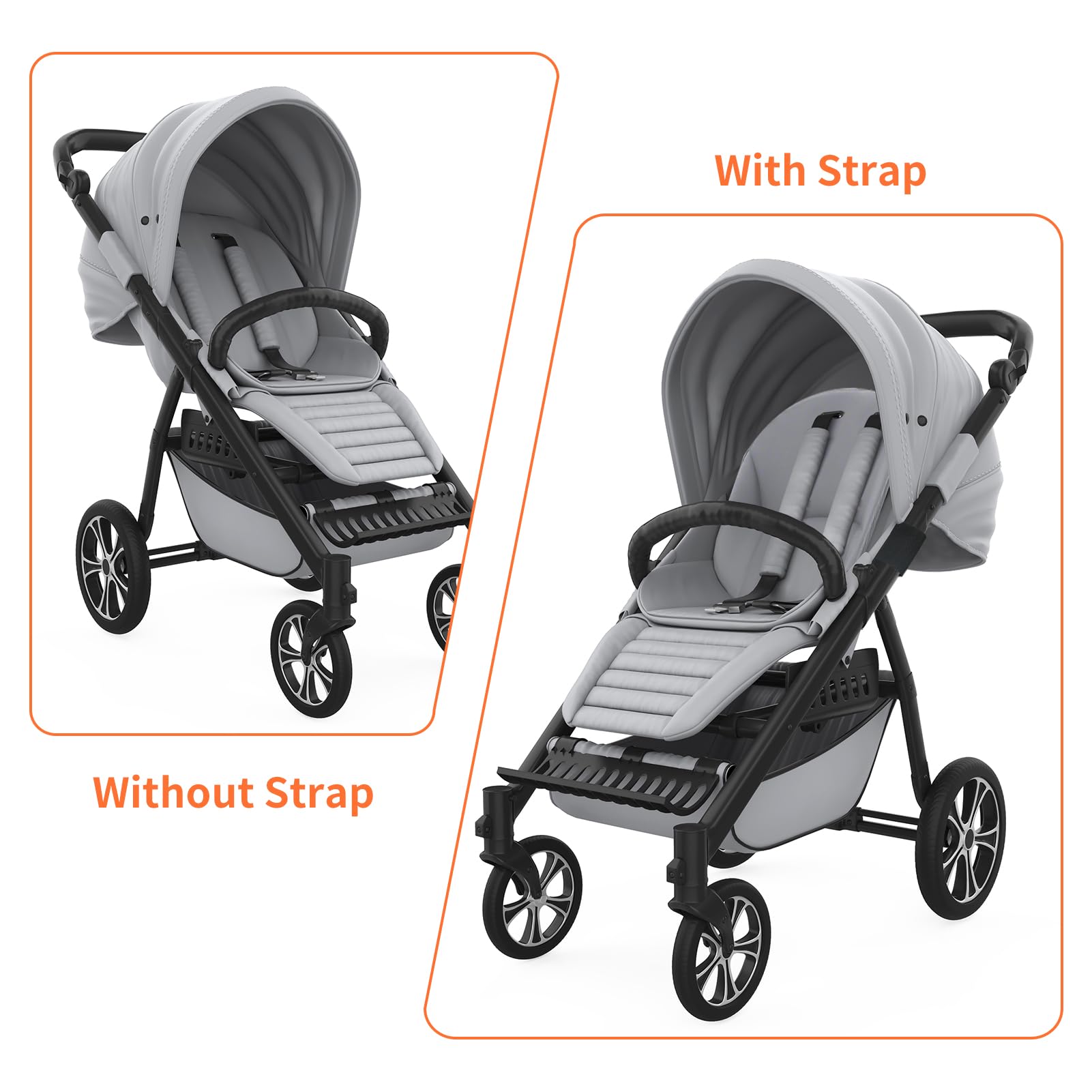 Plus tard stroller-frame installation shows tool-free setup for quick upright seating.