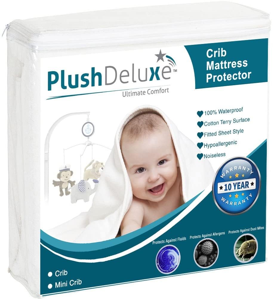 PlushDeluxe crib mattress protector terry cotton top delivers breathable comfort and moisture control.