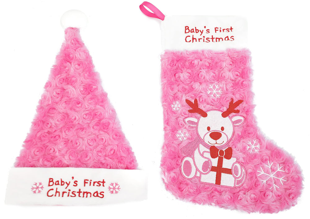 PLUSHIBLE pink stocking with Santa hat set for festive photos
