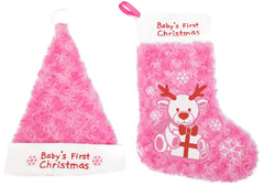 PLUSHIBLE pink stocking with Santa hat set for festive photos