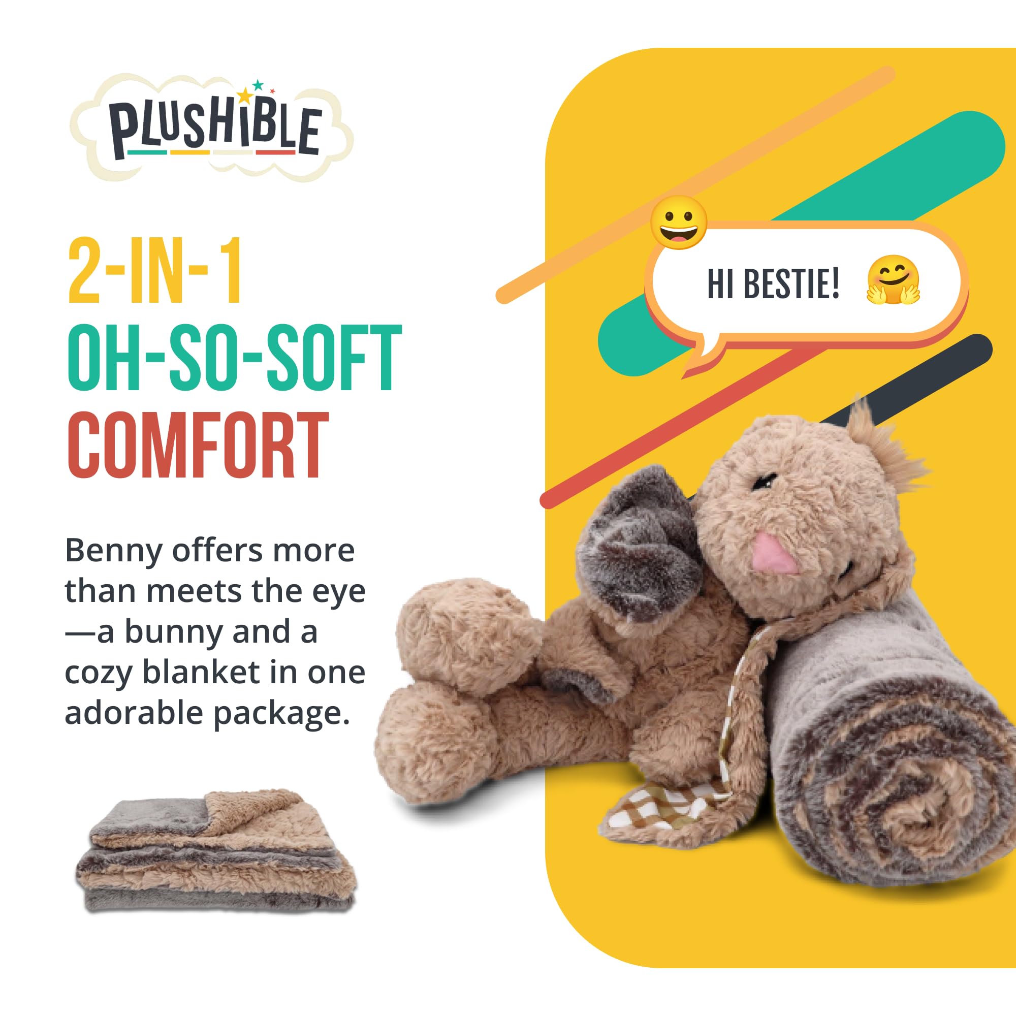 PLUSHIBLE Benny Bunny Blankie Bestie beige plush texture enhances sensory play.