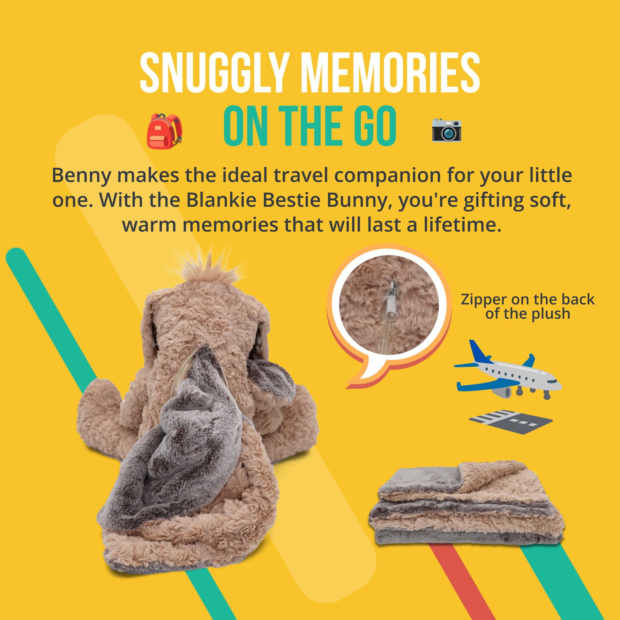 PLUSHIBLE Benny Bunny Blankie Bestie shows hidden blanket inside for on-the-go warmth.