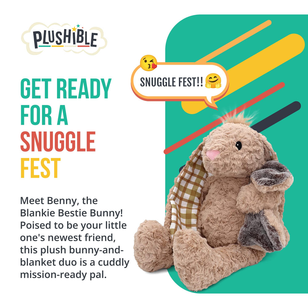 PLUSHIBLE Benny Bunny Blankie Bestie ready for nap time with soothing textures.