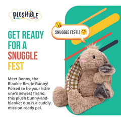PLUSHIBLE Benny Bunny Blankie Bestie ready for nap time with soothing textures.