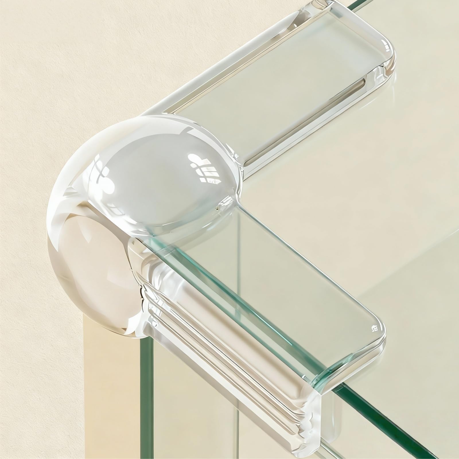 PlusOxsteel 12-pack table corner covers shown on a sharp edge for baby safety.