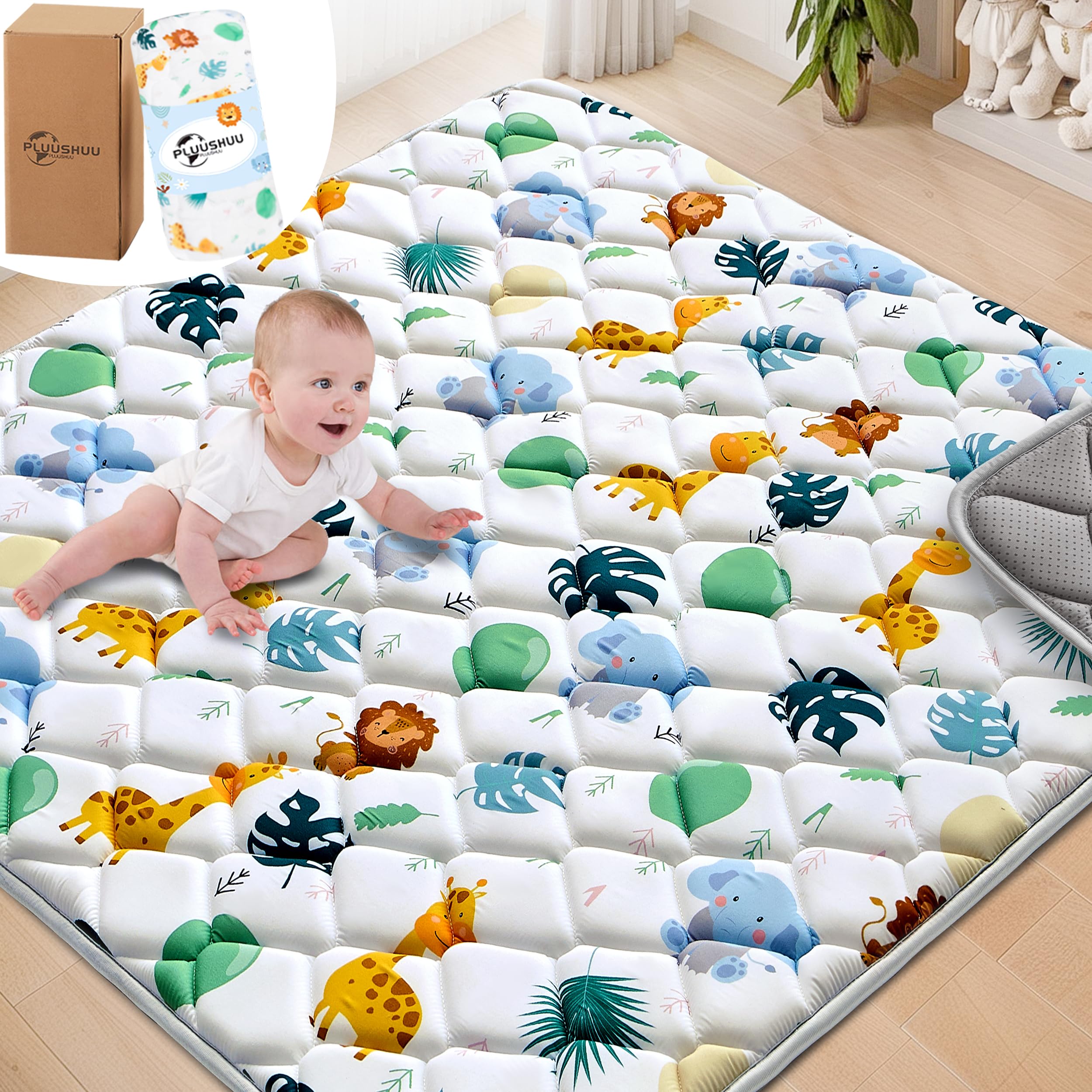 PLUUSHUU baby play mat 47x47 closeup shows 2cm cushion for tummy time