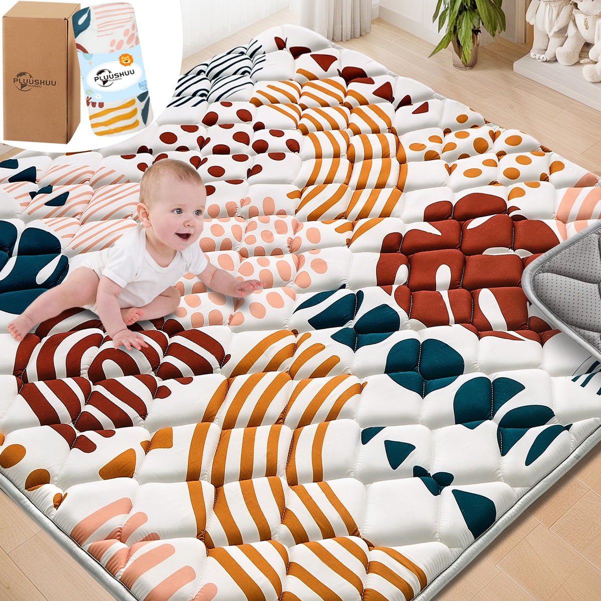 PLUUSHUU baby play mat folded brown for easy storage and travel.