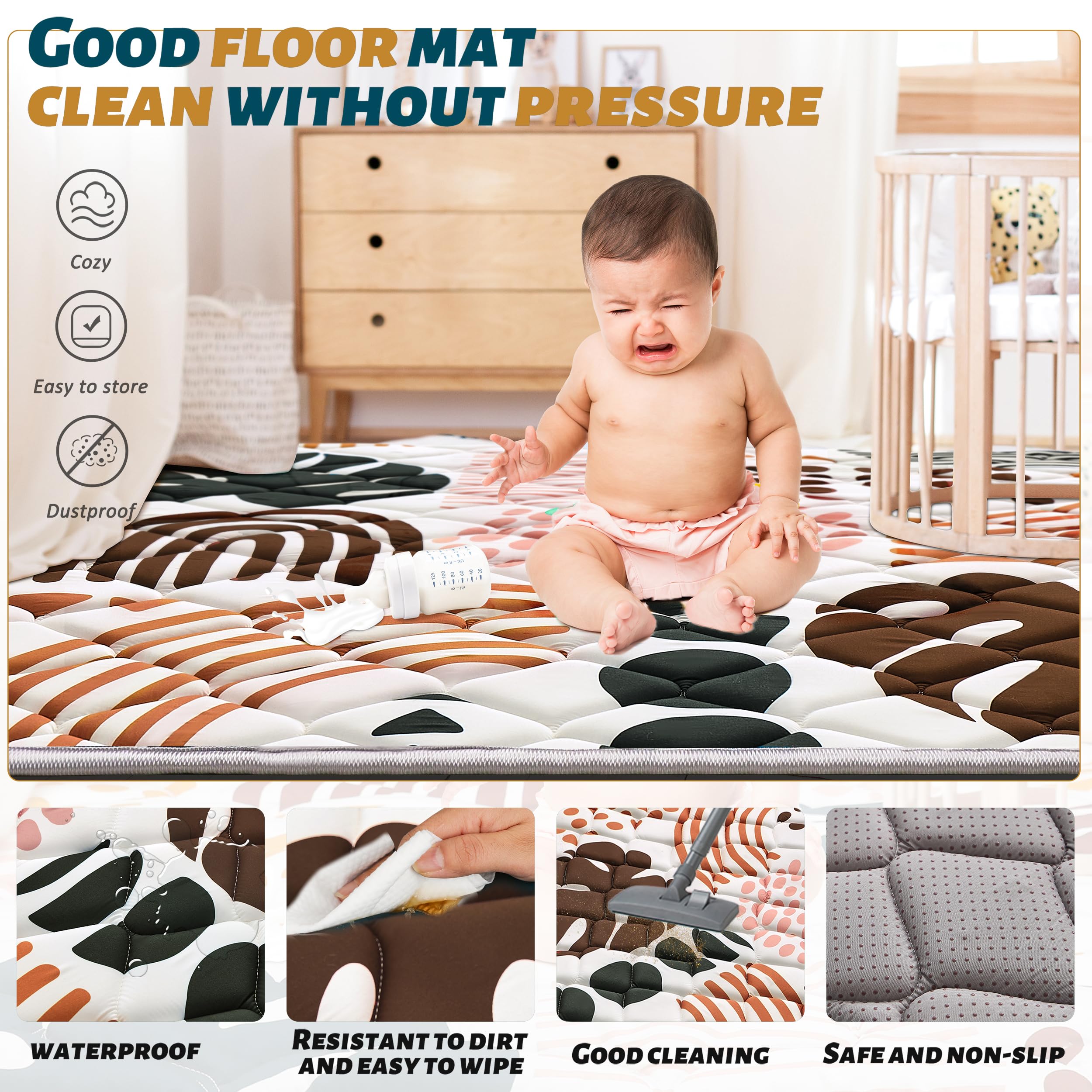 PLUUSHUU baby play mat waterproof surface cleans easily with damp cloth.