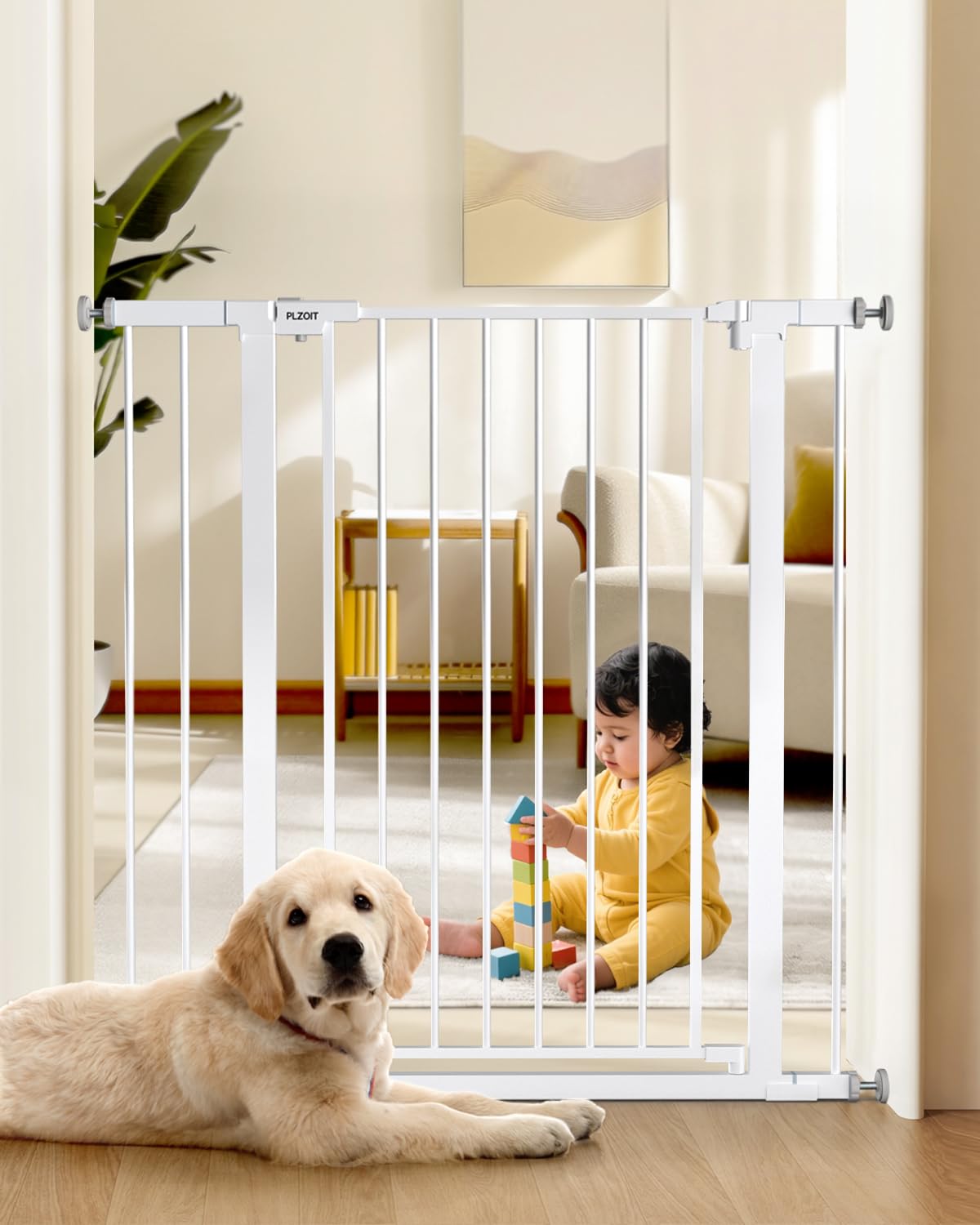 PLZOIT 36in extra-tall baby gate on stairs showing sturdy metal barrier