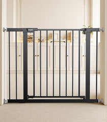 PLZOIT baby gate assembly shows tool-free setup for walls and family rooms