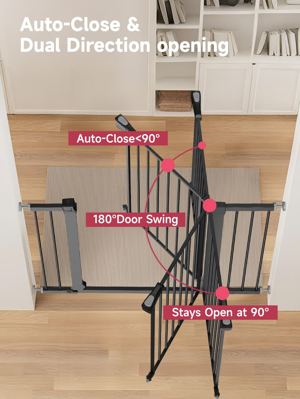 PLZOIT baby gate auto-close feature helps keep spaces secure with minimal effort.